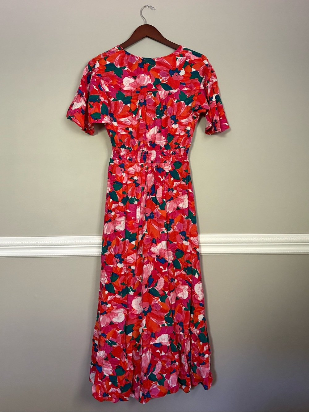 Abel the Label Pink Floral High Low Midi Dress L Flutter Sleeve Smocked Waist - Picture 4 of 9